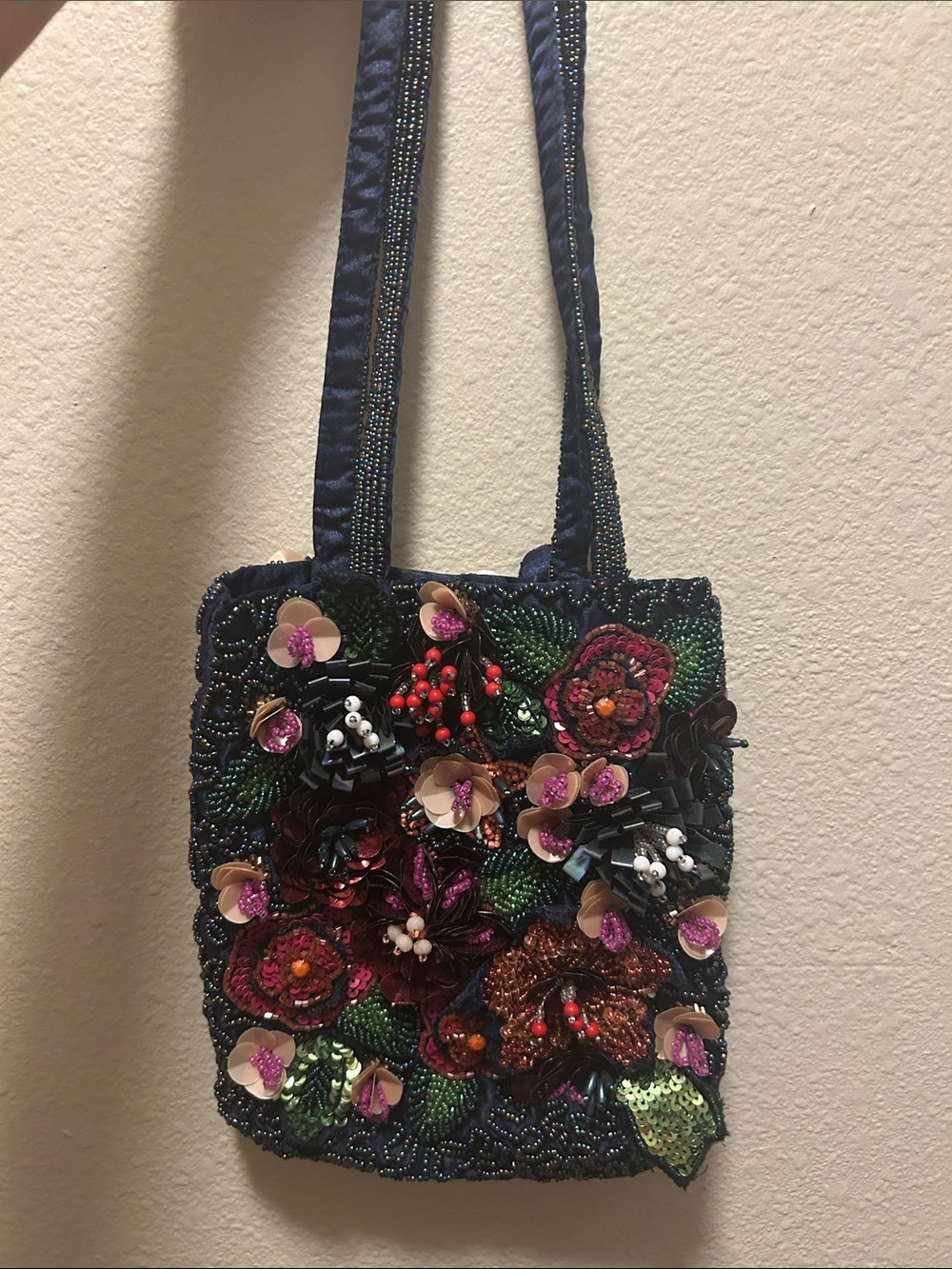 Zara Navy Beaded Floral Appliqué Shoulder Bag